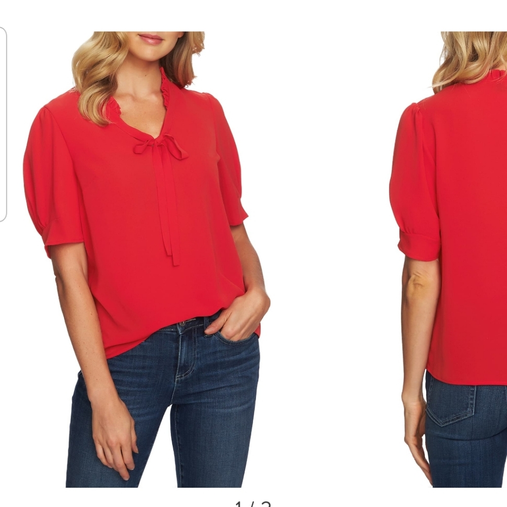 CeCe puff sleeve tie-neck top